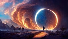 Fantastic Portal To An Unreal World. Neon Tunnel, Magical Mysterious Majestic Landscape, Antiquity And Modernity. 3D Render. Raster Illustration.