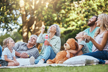 Wall Mural - Happy big family, park picnic and love bonding, happiness and joy for reunion together smile in outdoor nature. Elderly Grandparents, mother and dad playing outside with excited girl children or kids