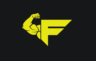 Fitness Gym logo with letter F, bicep flex logo, design, vector, emblem.