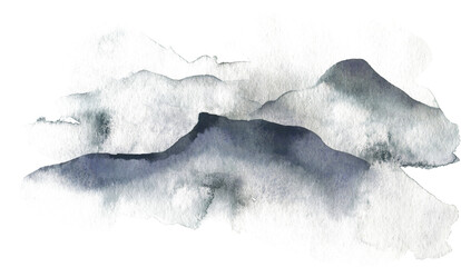 Watercolor abstract gray foggy mountains. Cut out hand drawn PNG illustration on transparent background. Watercolour clipart drawing.