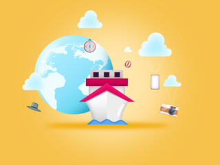 Concept Illustration Travel 3D. Set Tour boat, globe, phone, hat, compass, ball, camera and cloud on yellow background. Set object travel 