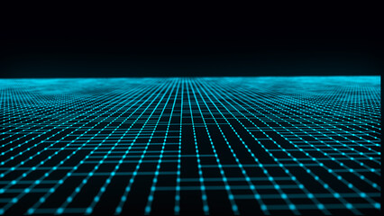 Poster - Futuristic dots pattern on dark background. Colored music wave. Technology or Science Banner. Big data digital code. 3D rendering