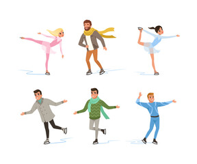 Wall Mural - People Characters Ice Skating Gliding on Ice Surface with Bladed Ice Skates Vector Set