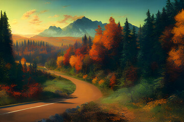 Wall Mural - An open road winds its way to the mountains as the sun sets. 