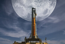 Sci-fi Concept With Orion Spacecraft And Big Moon On Background. Artemis Space Program To Research Solar System. Mission To The Moon. Elements Of This Image Furnished By NASA.