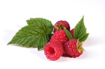 Poster - berries and raspberry leaves on a white background