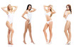 © Acronym - Young, fit, happy and beautiful blond woman in white swimsuit isolated on white background - set collection. Healthcare, diet, sport and fitness.