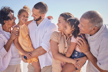 Holiday, Happy And Big Family Love To Travel Outdoors Bonding, Quality Time And Enjoying Memories In Summer. Smile, Grandparents And Mother With Father Carrying Young Children Siblings On Vacation