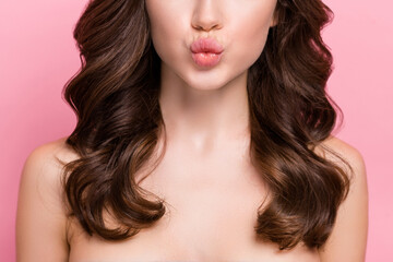 Poster - Cropped photo of young lady pouted lips plastic surgery balm moisturizing isolated over pink color background