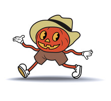 Vintage Cartoon Style Flat Character Of A Halloween Pumpkin With Rubber Hose Arms And Legs, Spooky Mascot In A Hat, Holiday Sticker Design. Vector Illustration