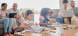 © Alexis S/peopleimages.com - Big family, technology and children color drawing in living room with grandparents, mom and dad watch, social media or relax on sofa. Interracial Mexico parents in family home with girl kids learning