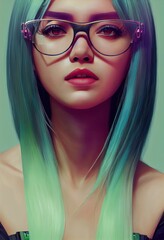 A fantasy fictional beauty, a fashionable woman with blue hair and fashionable glasses. Creative beautiful gir. Generative AI