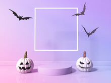 Halloween Theme With Pumpkin Ghosts And Bats In Front Of The Square Frame - 3D