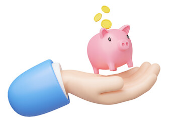 3D Piggy bank float in hand isolated on transparent. Business man hold pink money box icon. Mobile banking service, cashback, refund, loan concept. Saving money wealth. Cartoon icon smooth. 3d render.