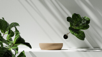 Aufkleber - Minimal Abstract cosmetic background for product presentation. Cosmetic bottle podium and green leaf on white color background. 3d rendering. Display stand for natural products