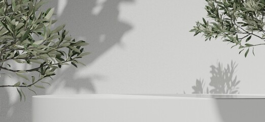 Aufkleber - Minimal Abstract cosmetic background for product presentation. Cosmetic bottle podium and green leaf on white color background. 3d rendering. Display stand for natural products