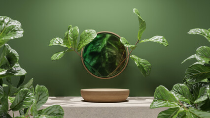Aufkleber - Minimal Abstract cosmetic background for product presentation. Cosmetic bottle podium and green leaf on green color background and soil floor . 3d rendering. Display stand for natural products
