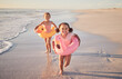 © Alexis S/peopleimages.com - Girls running, kids and beach holiday, vacation or summer trip in Mexico. Travel, portrait and children on sandy ocean sea shore having fun, excited and happy smile together trying to catch waves.