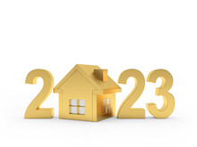 The Concept Of Expensive Real Estate. Golden House With Number 2023 On White. 3D Illustration
