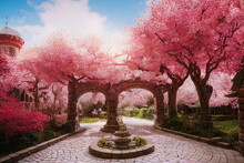 Beautiful Blossoming Castle Garden, Fantasy Cg Illustration Background Wallpaper, Sakura Cherry Trees, Fluffy Clouds, Blue Sky