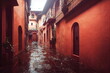 Medieval old spanish or italy village street, terracotta colors, narrow streets