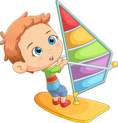 Poster - The cute boy is playing a windsurfing on the beach and happy