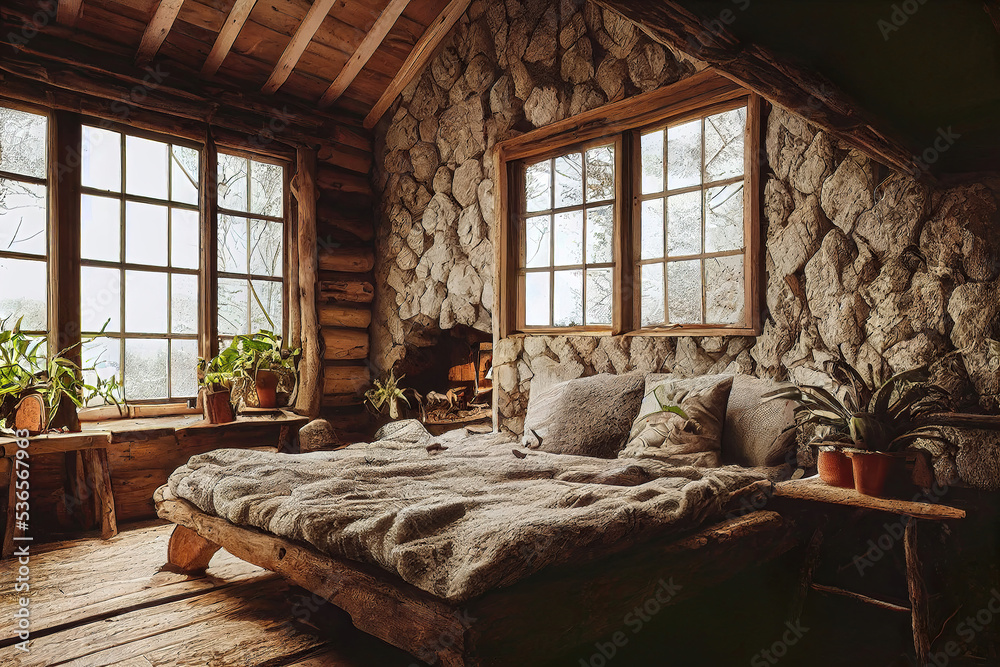 Cozy rustic wooden log cabin house interior, warm lights, indoor plants,  double bed, luxury architecture background Stock Illustration | Adobe Stock