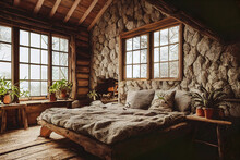 Cozy Rustic Wooden Log Cabin House Interior, Warm Lights, Indoor Plants, Double Bed, Luxury Architecture Background