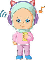 Sticker - The cute girl is listening the favorite music with the headphone