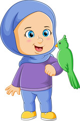 Sticker - The cute little girl is standing and the parrot is perching on the hand