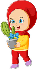 Sticker - The diligent girl is holding the cactus with the big ribbon for the gift