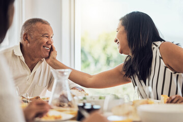Wall Mural - Couple, love and food with a woman and man eating during a family lunch or dinner in their home together. Happy, smile and retirement with a married husband and wife enjoying a meal in a dining room