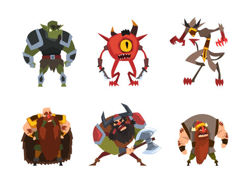 Fantastic Magical Creature Character and Monster with Green goblin, One-eyed Beast and Dwarf with Ax Vector Set