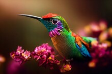 Exotic Colibri, Hummingbird On A Flower, Tropic Garden With Beautiful Multicolor Bird, Digital Illustration