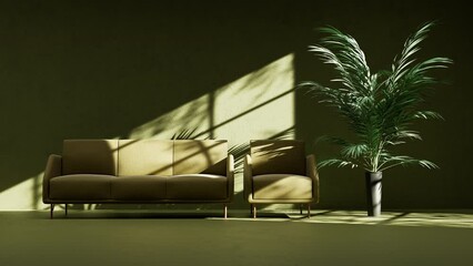 Poster - loop green 3d render on abstract empry indoor interrior, sofa and chair and plant under sun light and gobo shadows