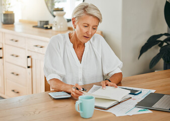 Canvas Print - Schedule, documents and finance with a senior woman planning for her future retirement with savings, investment and wealth. Notebook, writing and laptop with an elderly female pensioner at home