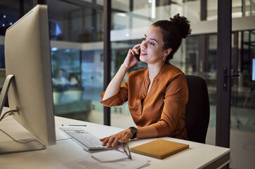 Canvas Print - Phone call, communication and networking with a business woman working on a computer in her office late at night. Research, report and deadline with a female employee at her work desk for overtime