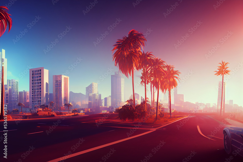 Ilustración de Stock 3d Retro wave city background. Neon night ...
