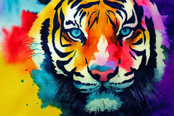 Tiger. Asian animal. Print for clothing. Neon, colorful illustration of wild cat.