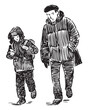 Sketch of man with his son schoolboy walking together outdoors