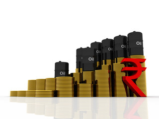 Poster - 
3d illustration Oil price, Oil Industry concept with Barrel and indian ruppe