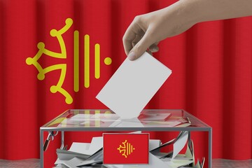 Wall Mural - Occitanie flag, hand dropping ballot card into a box - voting/ election concept - 3D illustration