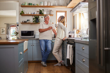 Poster - Relax, coffee and elderly couple in a kitchen, bonding and talking in their home together. Love, woman and mature man enjoying retirement and relationship indoors, casual conversation in the morning