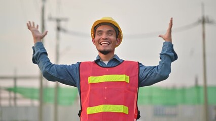 Wall Mural - Asian Engineer survey on site construction engineering, Asia Worker smile on civil site building and safety suit helmet hard hat