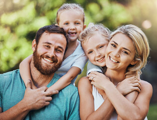 Wall Mural - Family portrait, parents and kids bonding hug in garden or Canada nature park in trust, love or security, Smile, happy or excited children with man or woman for mothers day or fathers day celebration