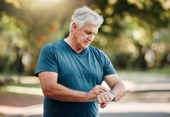 Poster - Watch, running senior man and nature fitness, park or outdoors road looking at time. Workout, sports and health exercise runner, marathon training and digital smartwatch sport tech app for run timer.