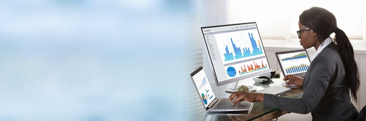 Poster - Businesswoman Looking At Graphs On Computer