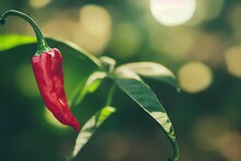 A Red Chili Pepper On A Plant With Green Leaves, A Close Up Of A Red Pepper Plant.
