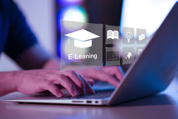 Poster - webinar online, education on internet, E-learning and Online Education for Student and University Concept. Online education, internet studying. Business, technology and personal development concept.
