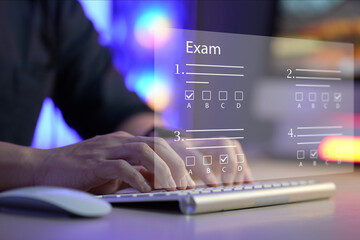 Poster - online exam concept, choose correct answer in test. checklist and online testing on laptop. online exam test with laptop. on-line questionnaire results on desktop. quiz...